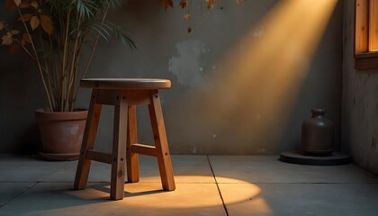 Rustic Wooden Stool Spotlighted in a Dark, Moody Interior Setting

Minimal Wooden Furniture in Low Light Against a Dramatic Backdrop

Artful Interior Scene Featuring Wooden Stool and Dramatic Lighting