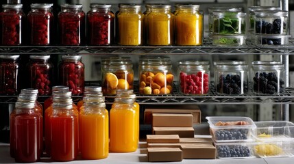 Jars with sauces and spices in refrigerator for preserved food packaging concept retail culinary storage photography design