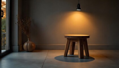 Rustic Wooden Stool Spotlighted in a Dark, Moody Interior Setting

Minimal Wooden Furniture in Low Light Against a Dramatic Backdrop

Artful Interior Scene Featuring Wooden Stool and Dramatic Lighting