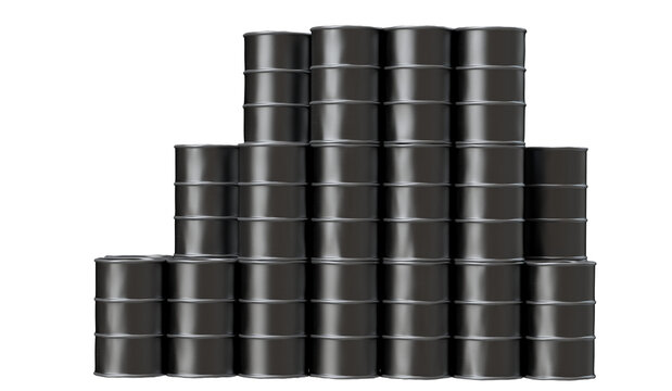 Stack of steel oil barrels isolated on transparent background. Black storage barrels intended for fuel and crude oil use. 3D illustration.