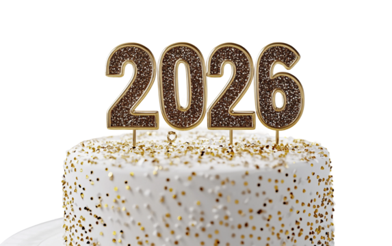 Festive cake decoration featuring a glittery 2026 design perfect for ringing in the New Year with style isolated on transparent background PNG