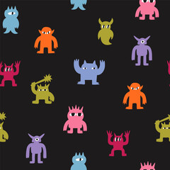 Abstract little colorful Monsters or fantastic animals. Various quirky funny creatures. Cartoon childish style. Cute characters. Hand drawn trendy Vector illustration. Square seamless Pattern