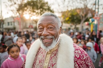 Elderly african male in festive attire smiling at outdoor gathering