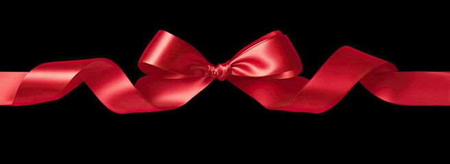 Red satin ribbon bow and streamers against black background