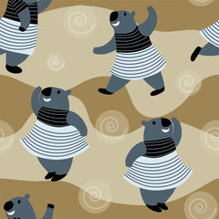 bears in dresses dancing on a colored background. seamless vector pattern