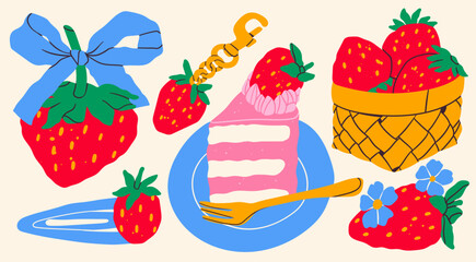 Obraz na płótnie Canvas Strawberry set. Berry with bow ribbon, strawberry keychain, hair clip, basket with berries, cheesecake on plate. Hand drawn Vector illustration. Isolated design elements. Summer fresh sweets concept