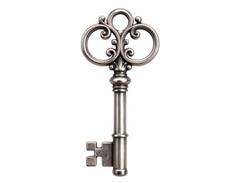 Antique Silver Key with Polished Finish and Floral Scrollwork Handle, Isolated on Transparent Background