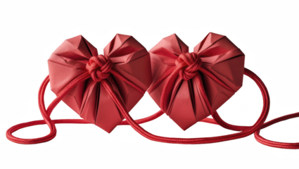 Two red origami hearts tied together with ribbon on white background