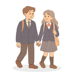 Vector illustration of a boy and a girl holding hands, both dressed in school uniforms with backpacks