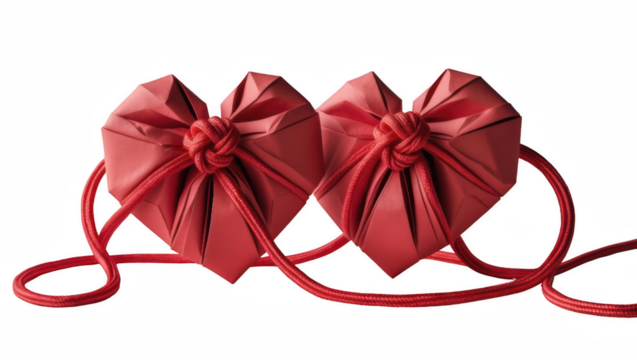 Two red origami hearts tied together with ribbon on white background  