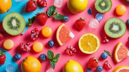 Colorful tropical fruits on pink background for summer food photography fresh healthy snack design topdown composition