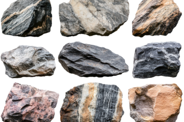 Collection of textured rock slabs exhibiting natural patterns and colors found in various geological formations during daylight hours