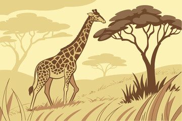 Cartoon Camel Walking in Desert Landscape - Illustration