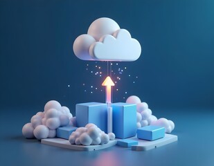 3D concept of cloud technology deployment or data upload, with an arrow rising from blocks towards a cloud.