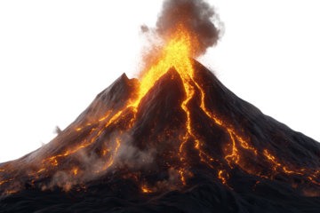 Volcanic mountain erupting with lava flows and ash clouds creating a dramatic natural display in a mountainous region during daytime