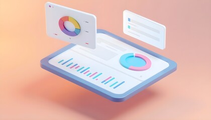 3D business intelligence dashboard on a digital tablet screen showing various data analysis charts and graphs.