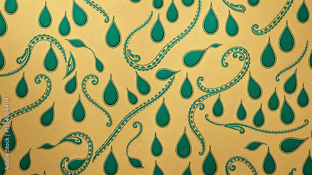 Poster golden background with green paisley shapes and teardrop patterns arranged in a repeating design for
