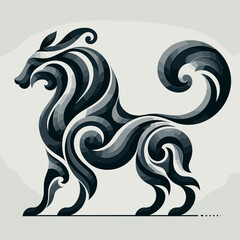 Stylized black and white dog illustration featuring flowing lines and abstract shapes