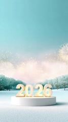 Celebratory 2026 display with fireworks and snowy landscape