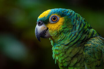 Fototapeta premium Beautiful Amazon parrot with a striking green and yellow color palette, captured up-close with blurred foliage