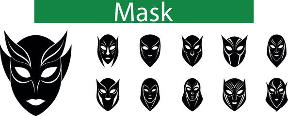 Collection of stylized black masks with white accents in a silhouette style isolated on transparent background