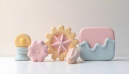 Collection of abstract 3D geometric and organic shapes in a soft pastel color palette on a white surface.