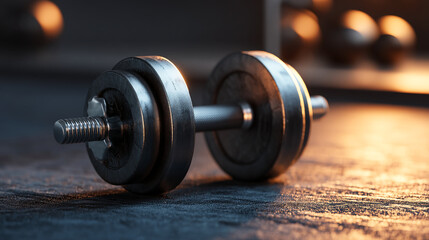 A close up shot of a dumbbell with metal plates on a textured surface in a gym setting studio shot