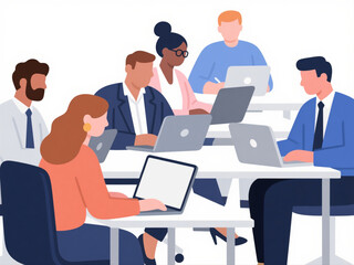 Vector illustration of diverse business people working on laptops in modern office, minimal color palette on white background