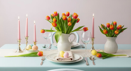 Festive Easter Table Setting with Tulips Pastel Eggs and Pink Candles in Elegant Indoor Dining Room Decoration and Celebration Spring Floral