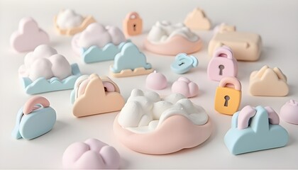 Abstract background with various cute 3D pastel icons representing cloud technology and security locks.