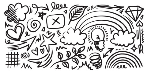 Cute kid scribble doodle icons set. Hand drawn childish funny simple vector illustrations. leaves, heart, rainbow, cloud children draw style design