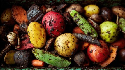 Stunning photo of close-up of a container filled with various rotten fruits and vegetables, highlighting food waste and decay in a compost setting.