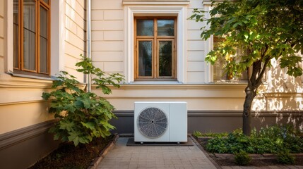 Stunning photo of air source heat pump installed in residential building. Sustainable and clean energy at home.