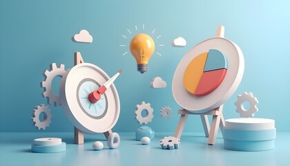 Business intelligence and strategy concept with 3D icons of a target, pie chart, lightbulb for ideas, and gears.