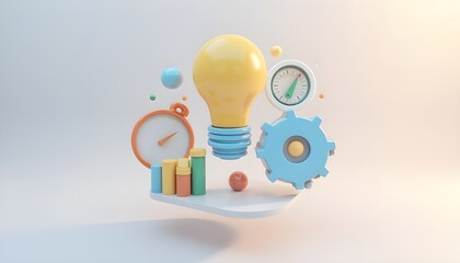 Business productivity and efficiency concept with 3D icons of a lightbulb, clock, gauge, and charts.