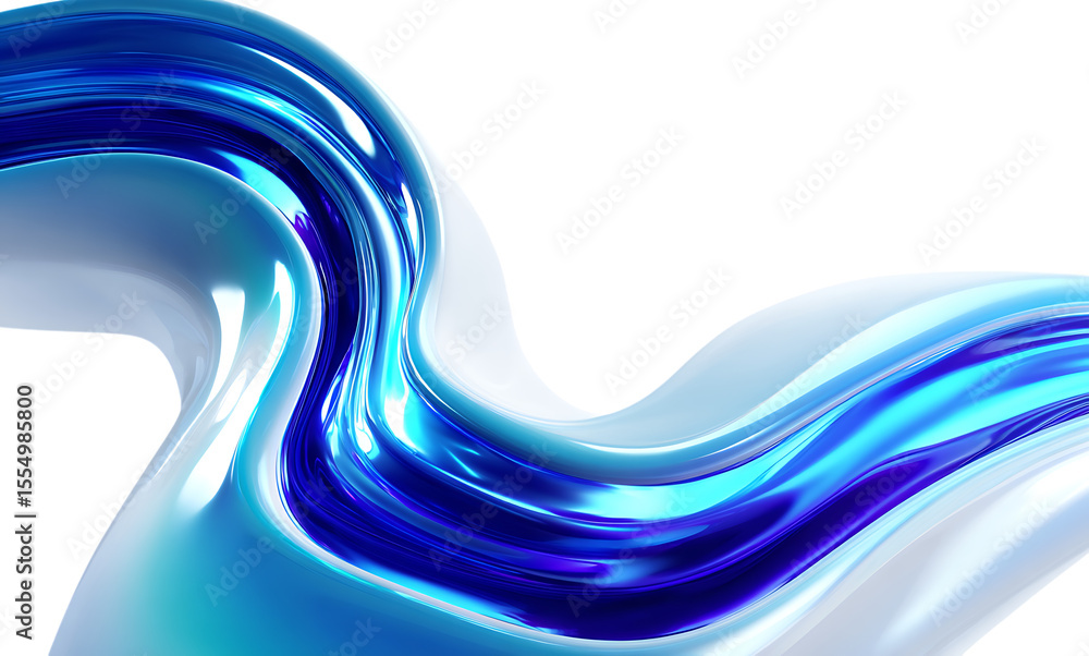 Poster abstract blue glass wave, a curved shape with light reflection on a transparent background. 3d rende