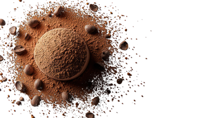 Round, dark brown dessert sphere, surrounded by cocoa powder and coffee beans, exploding outward on a black background