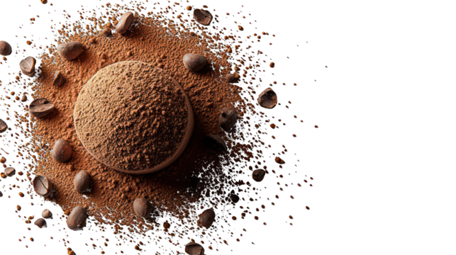 Round, dark brown dessert sphere, surrounded by cocoa powder and coffee beans, exploding outward on a black background