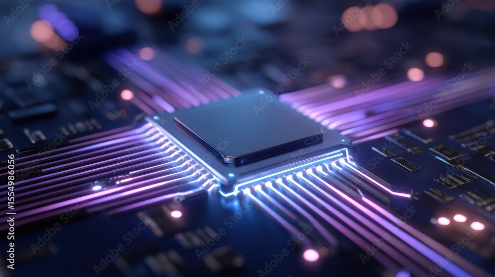 Poster stunning photo of ai semiconductor chip with neon effect on a tech circuit background, rendered in g