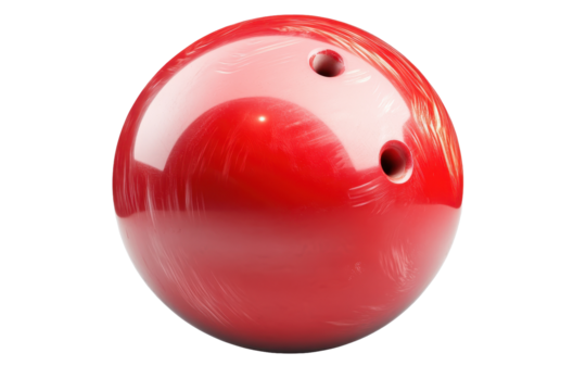 Red bowling ball isolated on transparent background showcasing its shiny surface and unique design, ideal for bowling enthusiasts and sports events