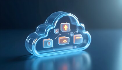 Cloud computing applications and workflow concept shown with icons inside a glassy 3D cloud symbol.