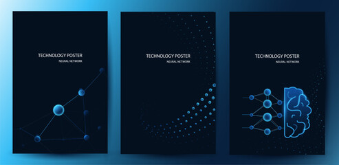 Neural Network Poster Collection Set. AI and Machine Learning Technology Background