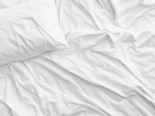 Obraz premium Wrinkled White Bed Sheets and Pillow Clean, Minimalist Aesthetic , Bedding, Textile