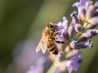 Macro photography of a honeybee on lavender flower with natural light, sharp details, blurred background (bokeh)