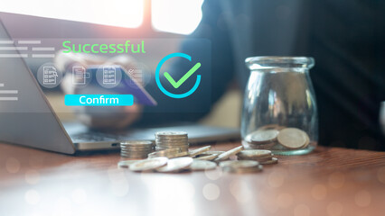 Successful online transaction confirmed with digital check mark, coins, and jar.