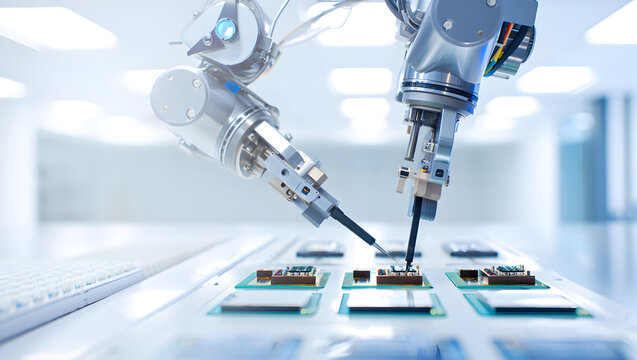 Two silver robotic arms precisely manipulating small circuit boards on a clean white surface within a bright sterile laboratory setting showcasing advanced automation