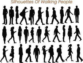 Collection of diverse black silhouette illustrating people walking and engaging in daily activities. silhouettes, people, walking, activity.