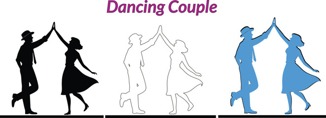 Silhouette illustrations of dancing couple in various styles suitable for romance and love concepts. dancing, couple, silhouette, vector, illustration, romantic.
