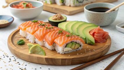 Salmon avocado nigiri with ginger and lime sushi