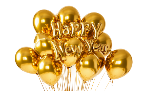 Golden balloons arranged to spell Happy New Year creating a bold and festive statement for joyful celebrations isolated on transparent background PNG